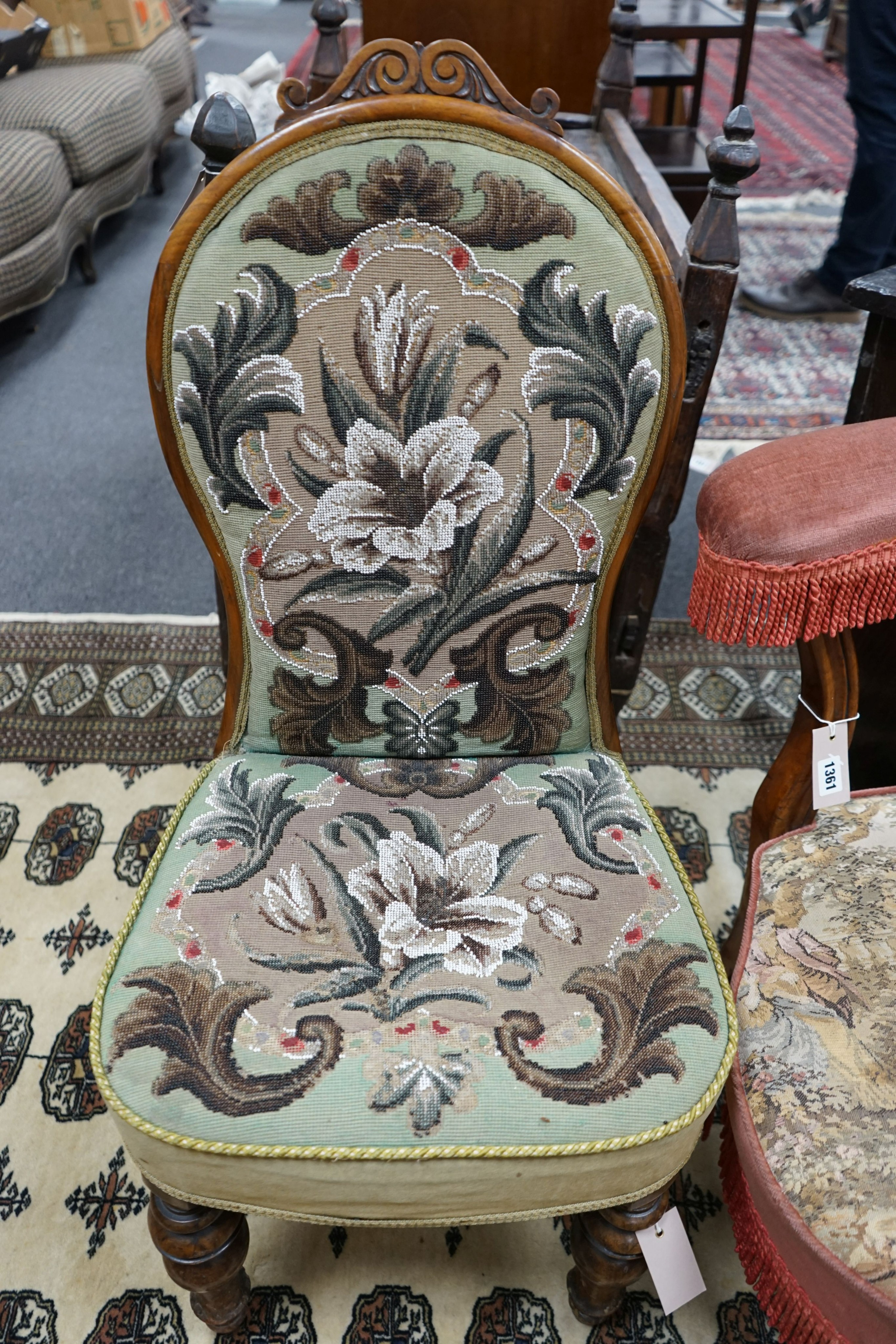 A Victorian walnut beadwork side chair, height 87cm together with a Victorian prie-dieu chair